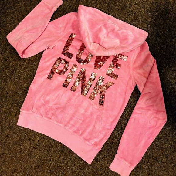 2011 Vintage Rare VS PINK Velour Full Zip Sequin Hoodie Bubblegum Pink M… - Picture 3 of 6